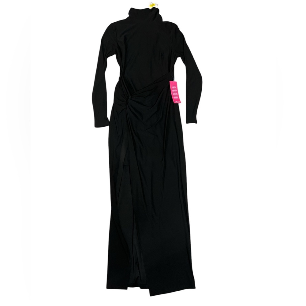 NWT Belle Badgley Mischka Hailey Jersey Knit Mock Neck A-Line Front Slit Dress